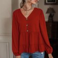 thumbnail image 2 of Blusa de mujer de manga larga de color puro con cuello en V y decoración de botones con dobladillo con volantes para el hogar, color rojo vino S, 2 of 8