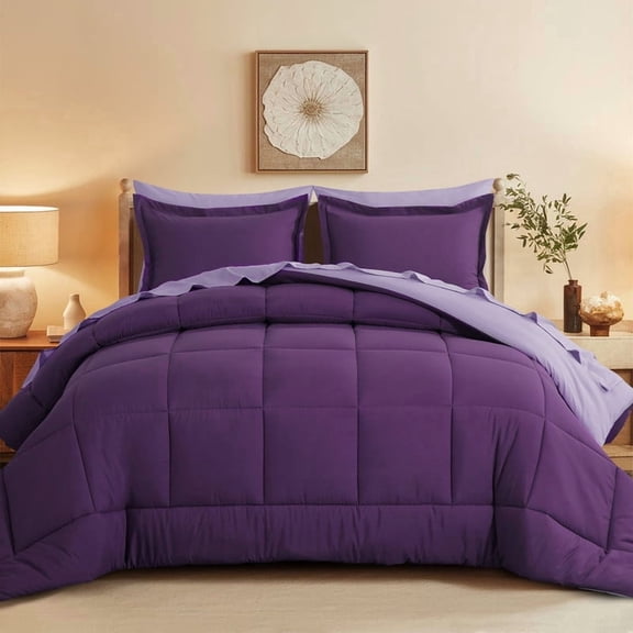 Aisbo Purple/Lavender Queen Size Comforter Set,3-Pieces Reversible Comforter Set Soft and Lightweight,All Season Down Alternative Bed Comforter with 2 Pillow Shams