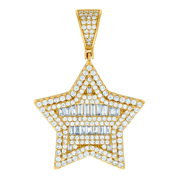 925 Sterling Silver Yellow-tone Mens Baguette Round Cubic Zirconia Star Fashion Charm Pendant Necklace for Men