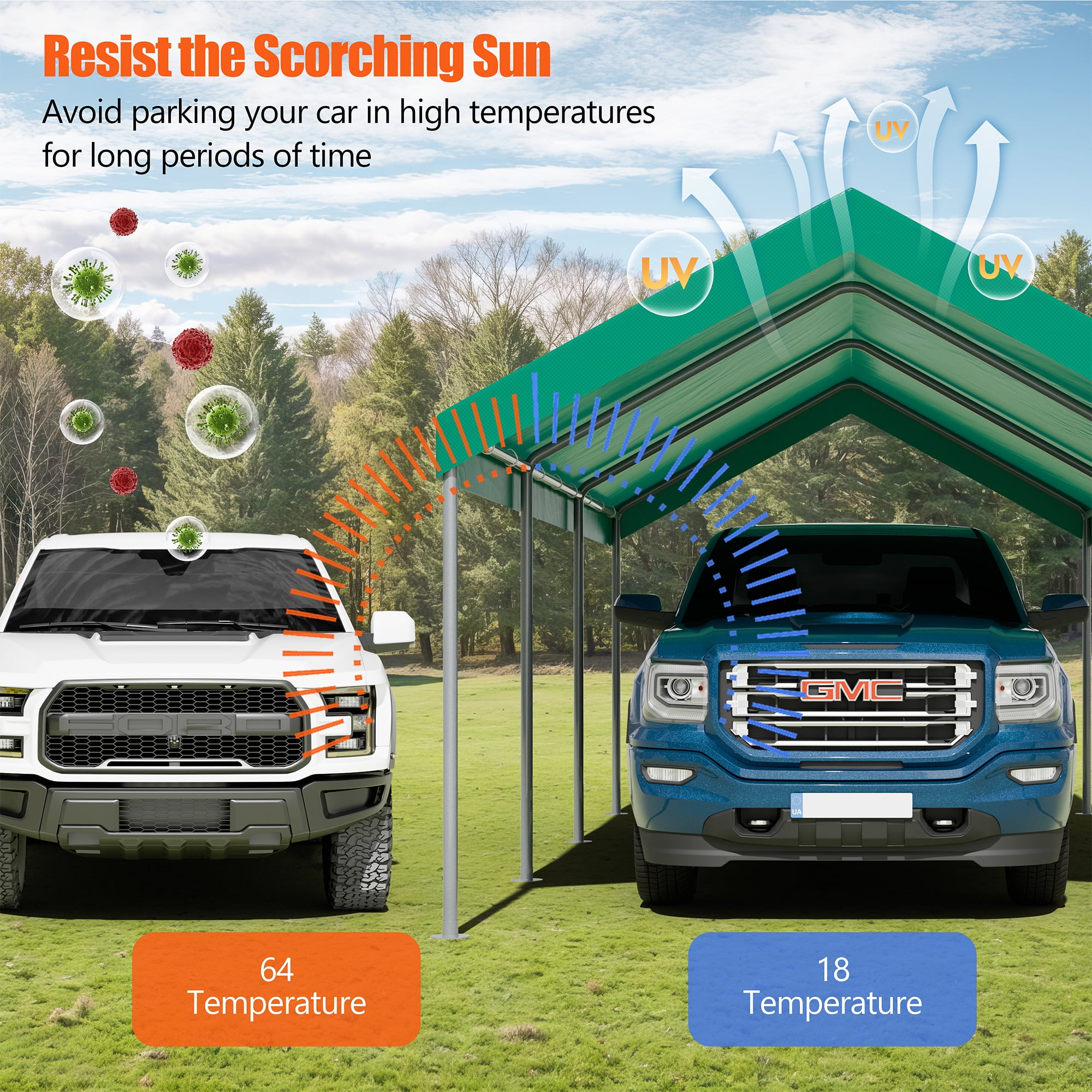 Walsunny Carport 10 x 20 ft Heavy Duty Carport Car Canopy with Powder-Coated Steel Frame, Portable Garage for Car, Boat, Shelter Party Tent with 180g PE Tarp Green