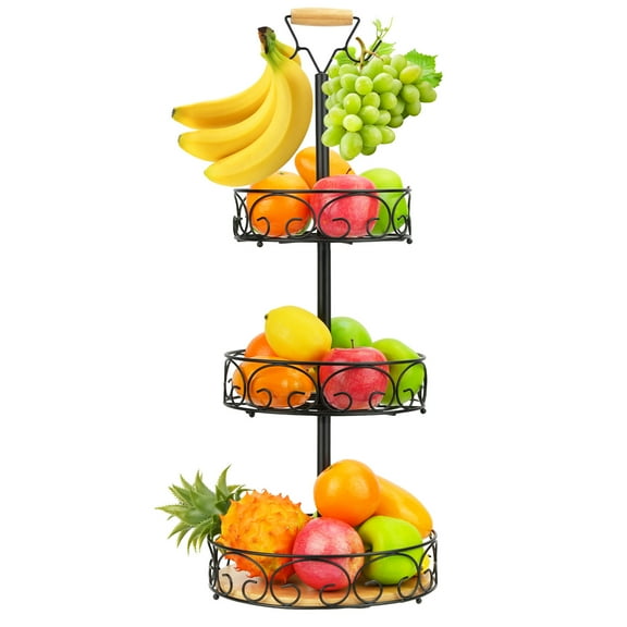 CEYAZYE Metal 3 Tier Kitchen Fruit Basket with 2 Banana Hooks and Wooden Handles,Detachable Countertop Fruit Basket,Wire Fruit Basket for Fruit Vegetables Bread Snacks,Black