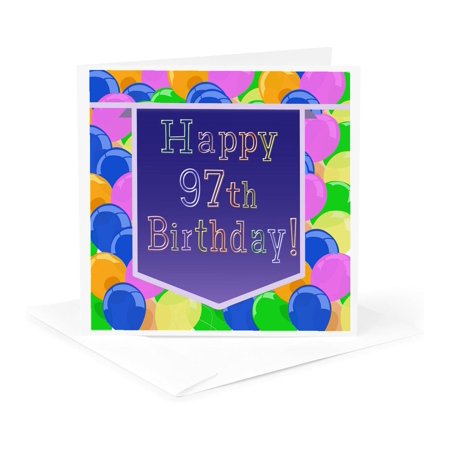 3dRose, Balloons with Purple Banner Happy 97th Birthday, 1 Greeting Card with envelope