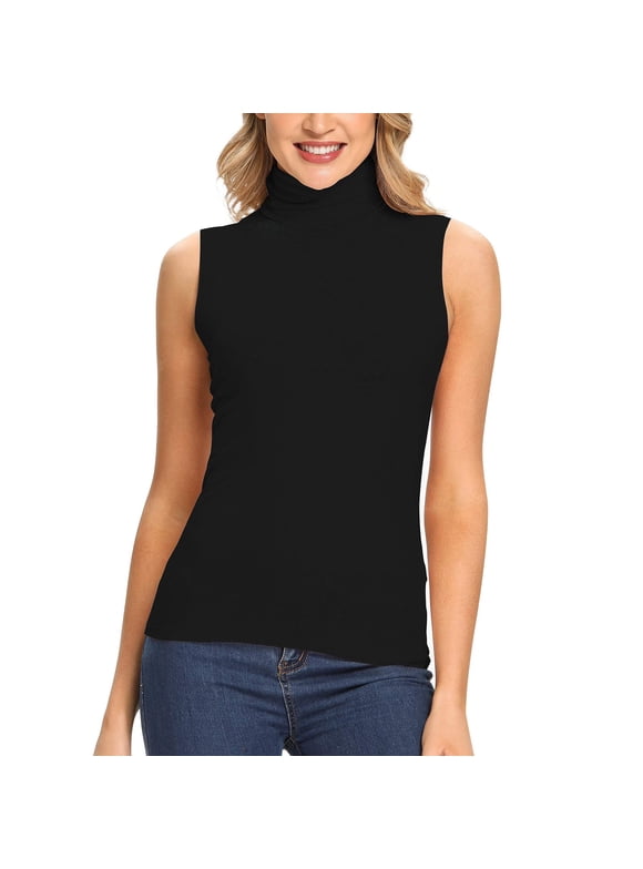 Stretch Cotton Jersey Sleeveless Mock Neck Top in Black