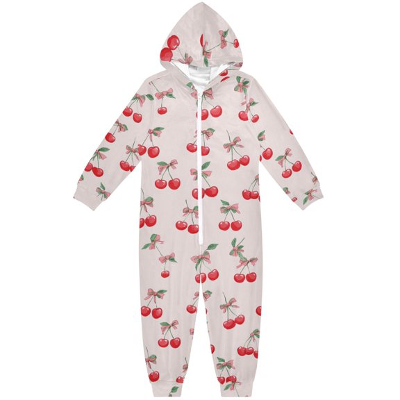 JOOGOO Cherry with Bows Pattern Unisex Onesie Pajamas Jumpsuit Kids One-Piece Hooded Sleepwear 7-8T