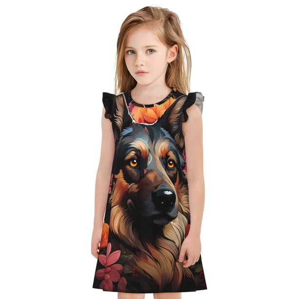 Fotbe Colorful Flower German Shepherd Vestido de Dormir para Niñas de 3 a 10 Años, Mangas Cortas, Estilo Princesa, Pijama Camisón con Mangas Voladas-Small
