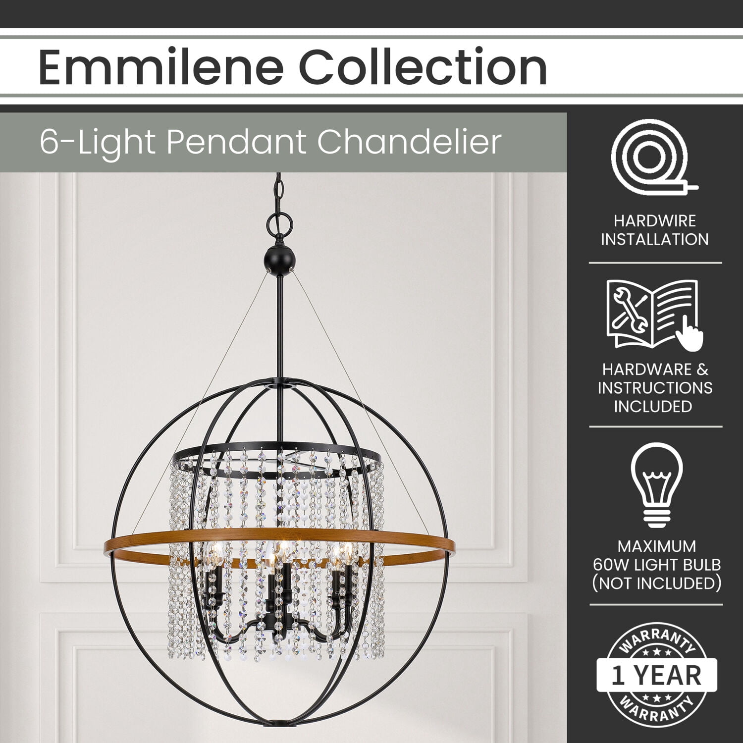 Hanover Emmilene Black Metal Sphere Pendant Light with Crystal Clear Beading | Rustic Hanging Light Fixture for Kitchen Island, Dining Room, Bar, Living Room | Hardwired | 6 Lights