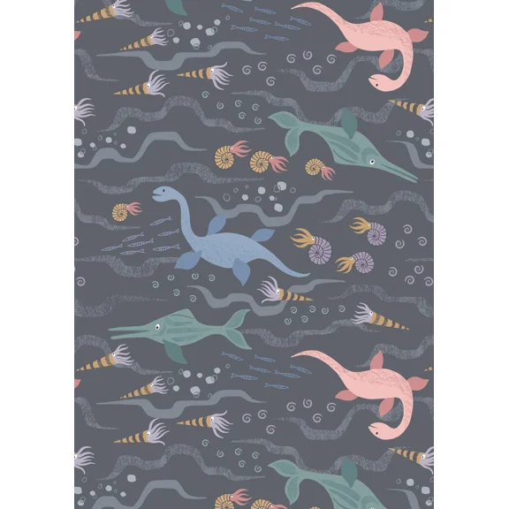 Lewis & Irene Jurassic Sea on Charcoal A301-3, KIMMERIDGE BAY, Quilting, Nautical, Dinosaur, Prehistoric, 100% Cotton Fabric sold by the yard