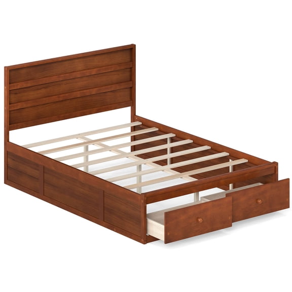 Infans Full Size Bed Frame w/Storage Drawers, Headboard, Wooden Slat Support, Walnut