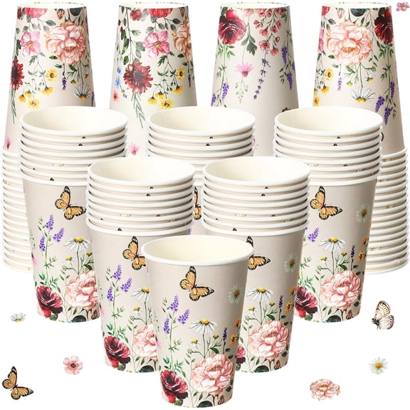 Vintage Floral Butterfly Disposable Paper Cups for Coffee, Water, Juice, Espresso, Hot and Cold Drinks, Cocoa, Tea Party Supplies Decoration