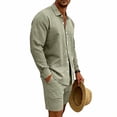 thumbnail image 6 of Maqroz Mens 2 Piece Outfits 2 Piece Casual Long Sleeve Summer Set Button Down Lapel Shirt & Elastic Waist Shorts Solid Lightweight Formal Dailywear, 6 of 9