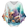 thumbnail image 5 of Watercolor Coral Reef Women's V-Neck Blouse With 3/4 Ruffled Bell Sleeves Casual Top Ladies Blouses, 5 of 7