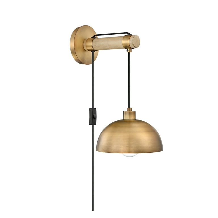 Nathan James Daniel Modern Farmhouse Wall Mounted Plugin Bedside Reading  Lamp, Wall Sconce with Wide Bowl Shade, Vintaged Brass/Natural Brown 