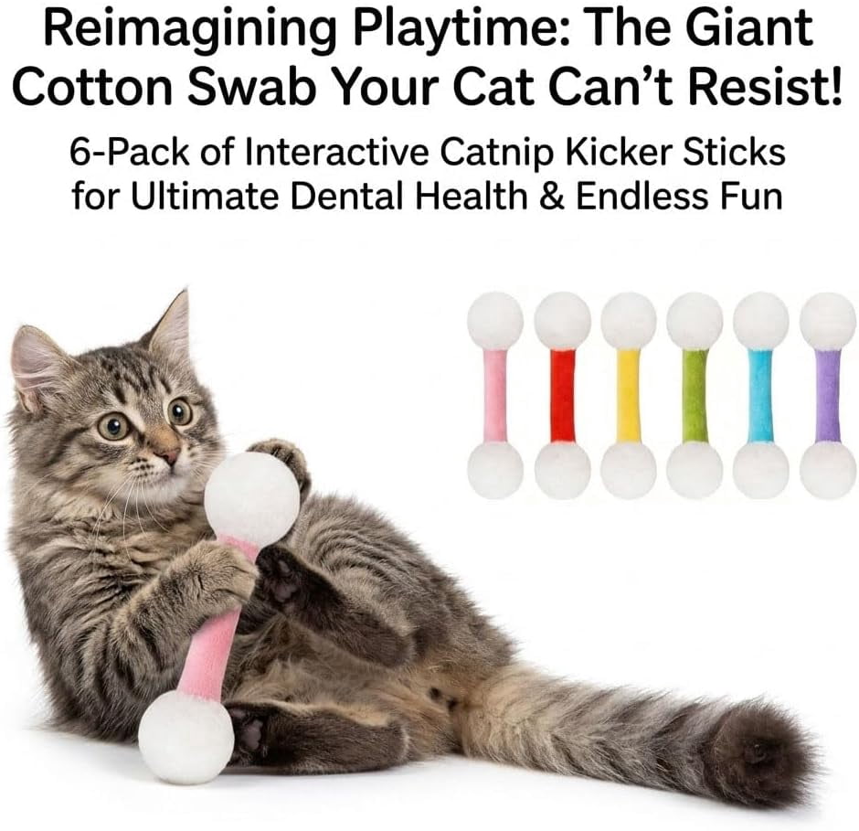 2026 new cotton swabs cat toys with catnip，cotton swabs cat toys with catnip, 6 pk giant kitten chew sticks，giant interactive felt kitty kicker toy sticks  Indoor Cats,Interactive Bite & Play Toy
