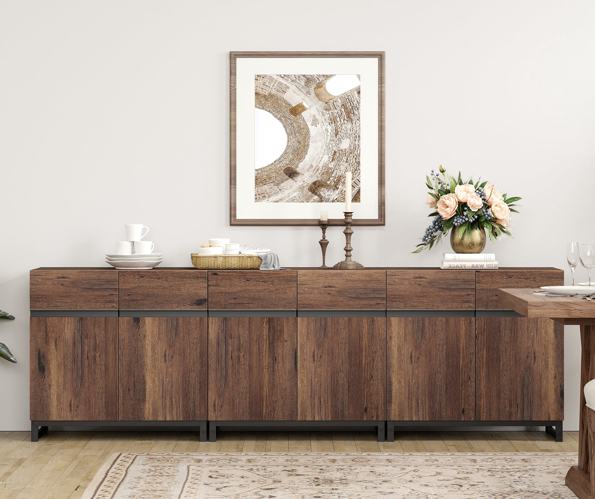 WAMPAT 94.5" Wide 3-In-1 Multifunctional Sideboard Buffet with Adjustable Shelf & Metal Base, Modern Wood Grain Storage Cabinet for Dining Room, Living Room.