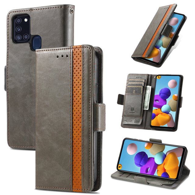 Case for Samsung Galaxy A21S Cover Leather Wallet Folio Case Book Design Flip Magnetic Closure - Grey