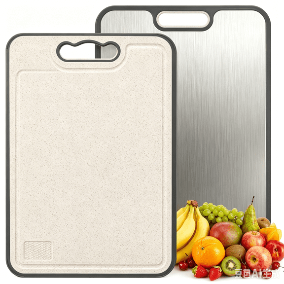 Stainless Steel Cutting Board, Plastic Double-sided Cutting Board for Kitchen, Stainless Steel and Wheat Straw PP, Chopping Board with Grinding Area & Juice Groove,14.4x9.8inch
