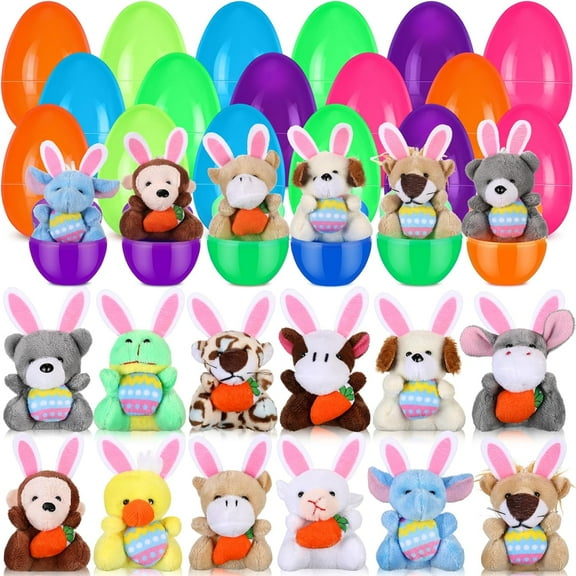24 Pcs Prefilled Easter Eggs Filled with Mini Plush Animal Toys for Kids Baster Stuffer Filler Stuffed Animals with Carrot for Easter Egg Hunt Filler Party Favors Classroom Prize Supplies