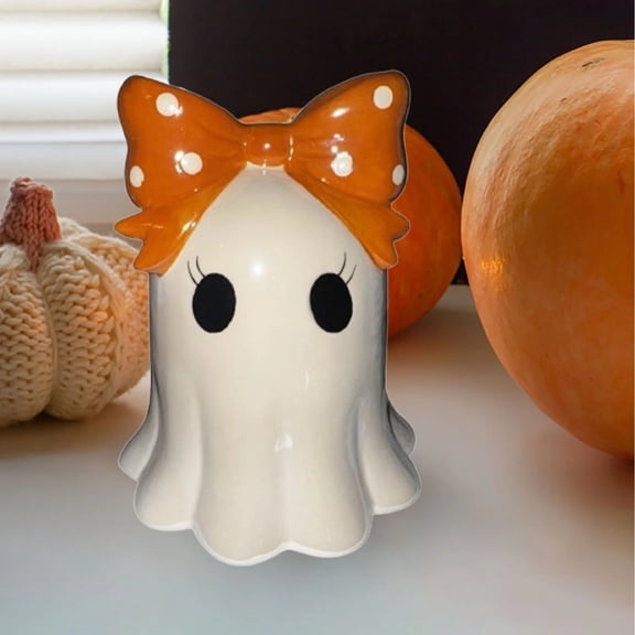 Halloween Ghost Decorations with Bow, Cute Cartoon Ghost Figurine Tabletop Ornament for Shelf, Desk & Party Favor, Creative Gift, Indoor Halloween Decor, Festive Home Accent