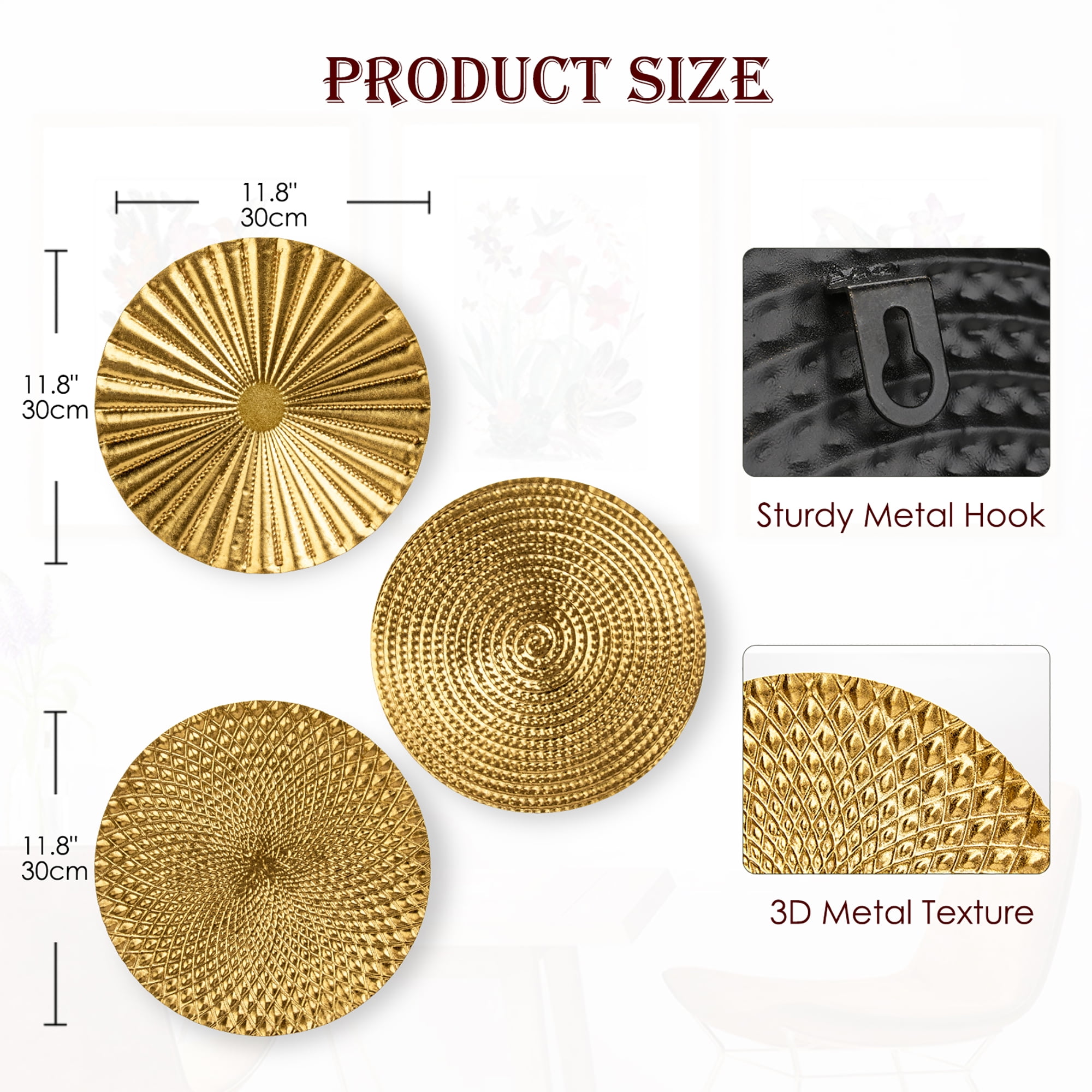 3Pcs 12" Gold Wall Decor Metal Starbursts Radial Plate Wall Art Modern Accent Hanging Wall Decorations