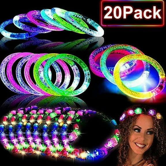 20 PACK Glow in the Dark Party Supplies,10 Glow Bracelet & 10 LED Headbands