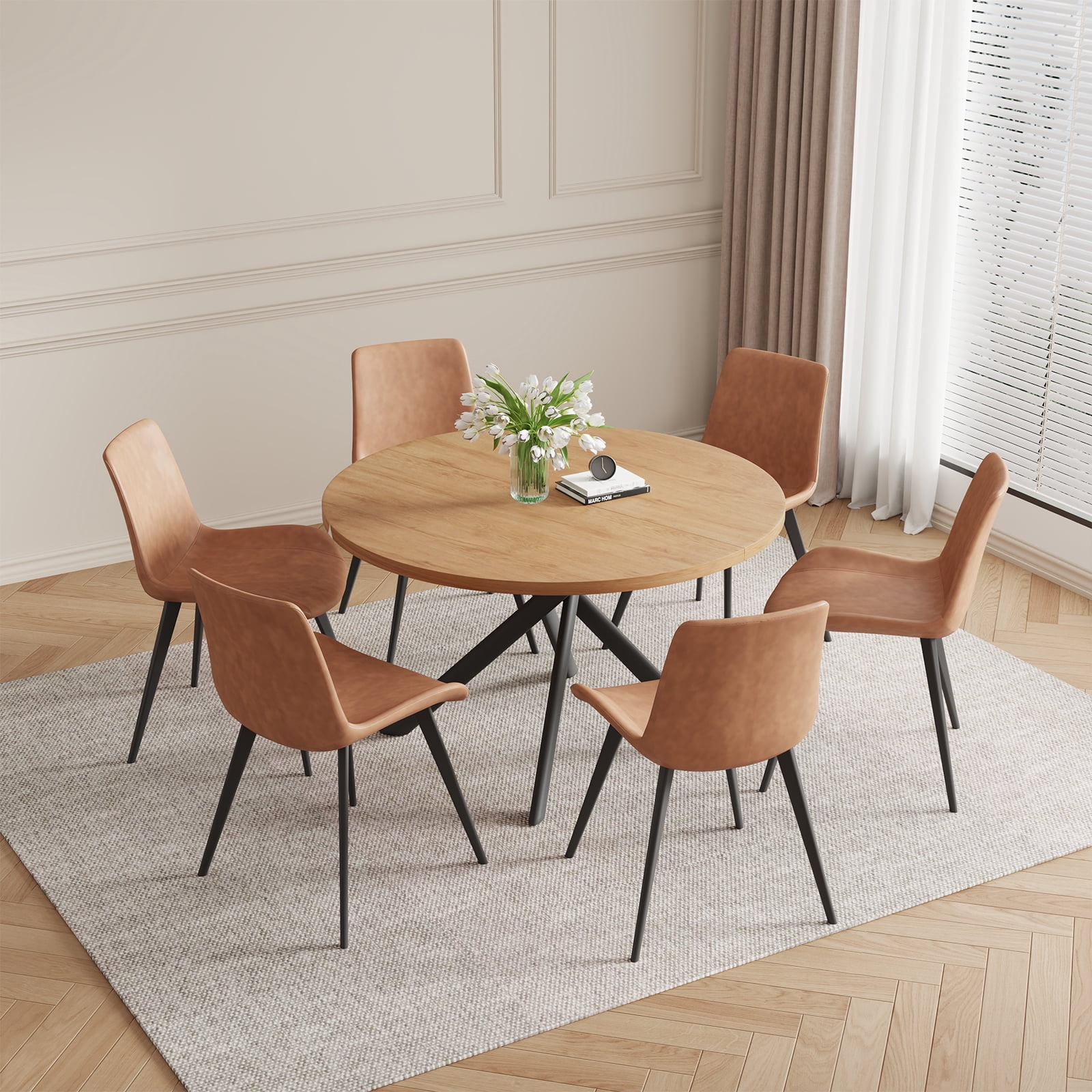 jiexi 45.3" Round Dining Table Set, Mid Century Modern Round Dining Table for 6 Person, with Steel Legs, Coffee Table for Kitchen Dining Room, Office, Save Space
