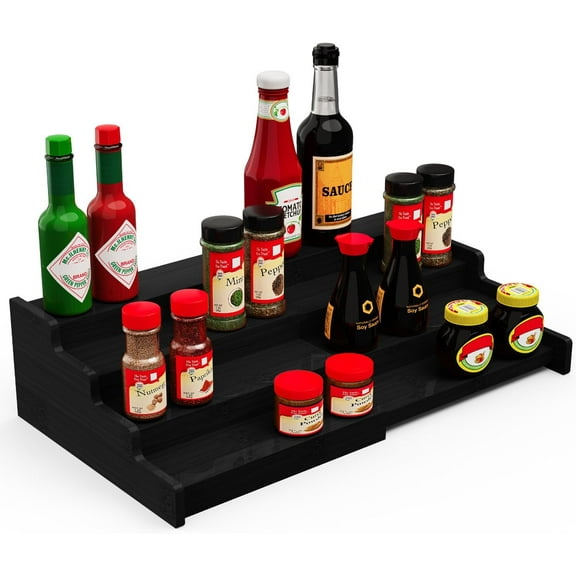 Spice Rack Organizer for Expandable 4-Tier, Adjustable Bamboo Spice Storage for Kitchen Cabinet, Pantry and Countertop Organization, Black