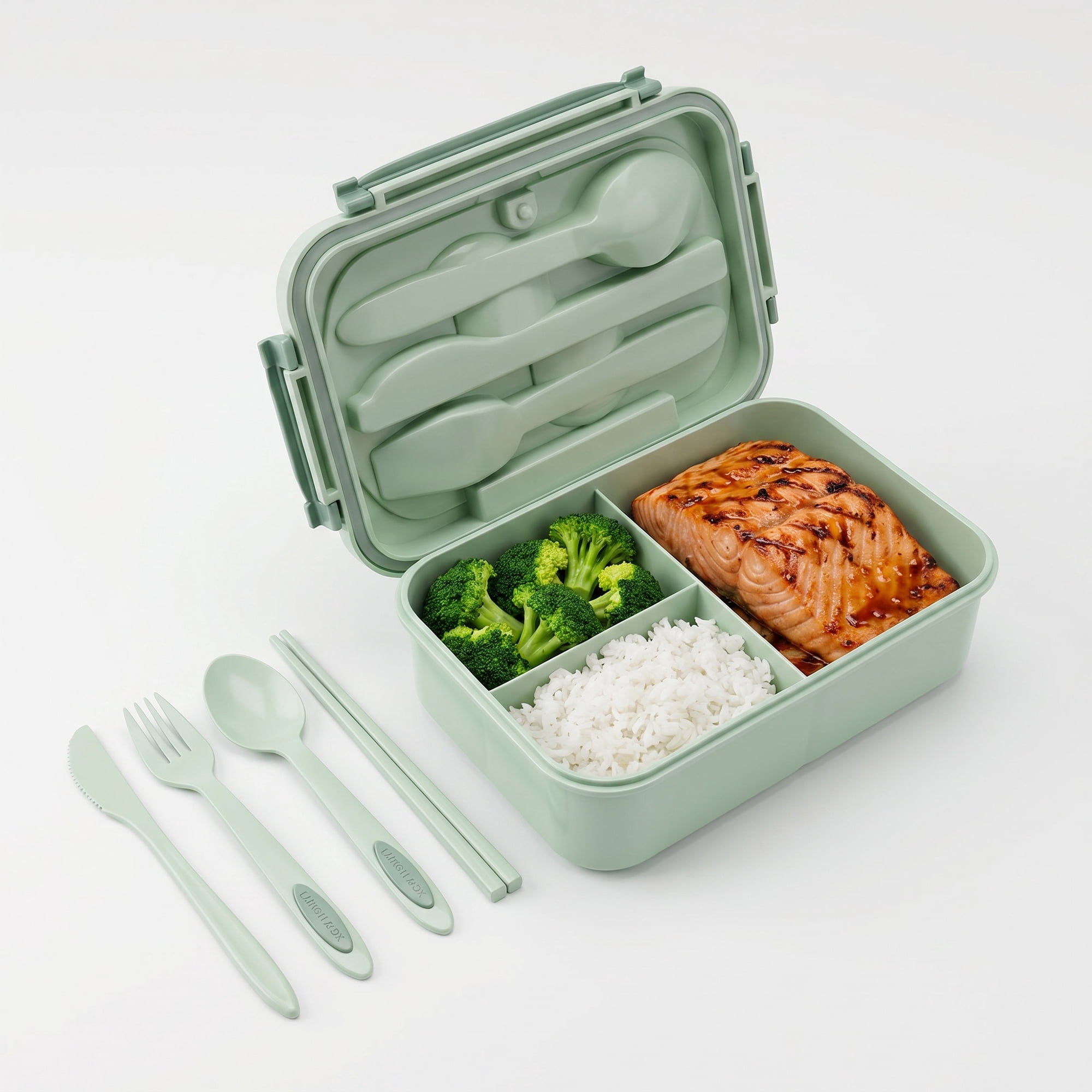 Unique Bargains 3-Compartment Leak-Proof  Lunch Bento Box with Utensils Mint Green-1