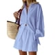 thumbnail image 2 of SAYOO Conjuntos de lino para mujer Conjunto de chándal informal de 2 piezas Camisa de manga larga con botones y pantalones cortos elásticos de cintura alta Conjunto de salón de verano a juego SAYOO  Casual, 2 of 10