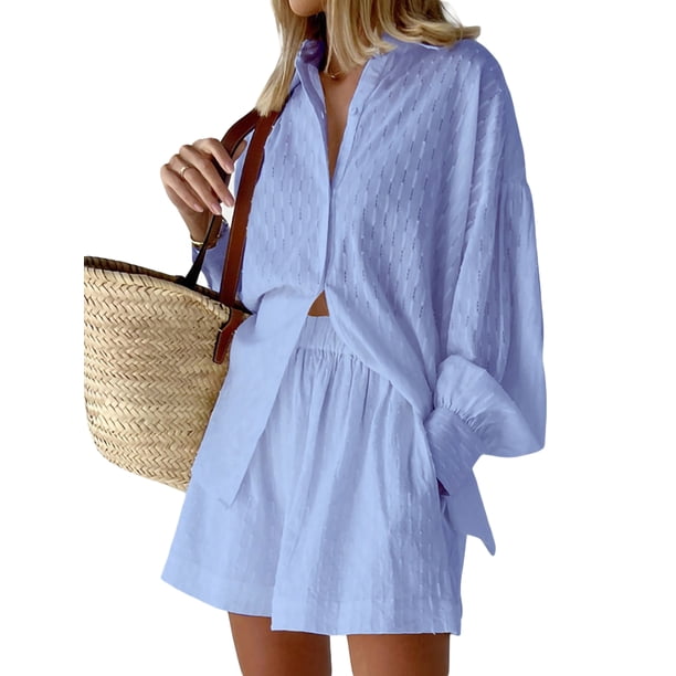 VISgogo - Conjunto de 2 piezas de verano para mujer, manga larga, solapa, botón, camisa jacquard + pantalones cortos de pierna ancha VISgogo moda