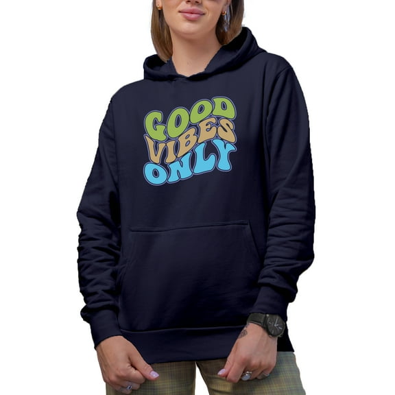 Good Vibes Only, Being Positive Quote or Saying, Groovy Retro Wavy Text Merch Gift, Navy Blue Hooded Sweatshirt or Hoodie, Small