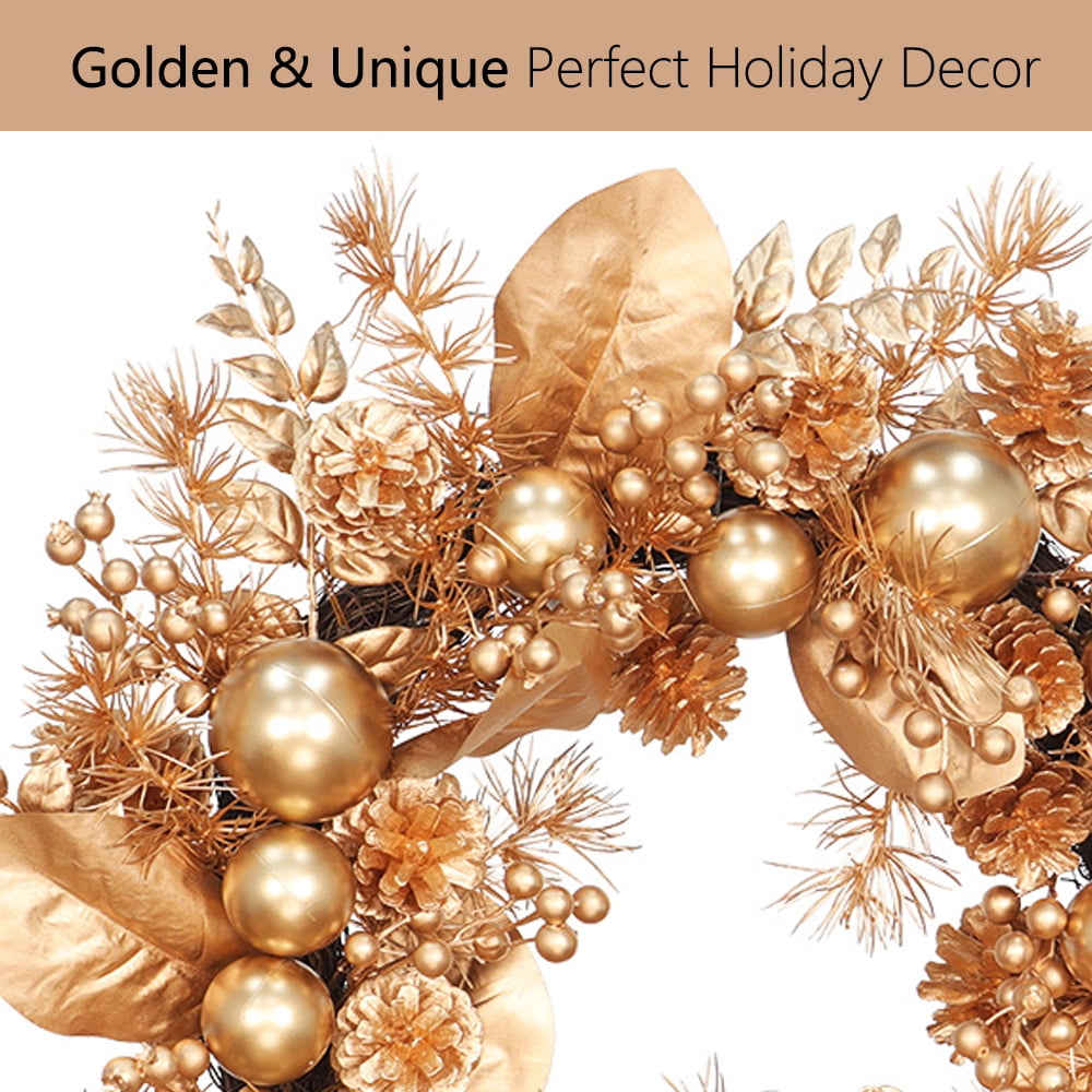 Abble 24" Indoor Outdoor Artificial Christmas Wreath - Decorated with Berries, Pinecones, Leaves, Balls for Wall Fireplace, Door, Window (Gold)