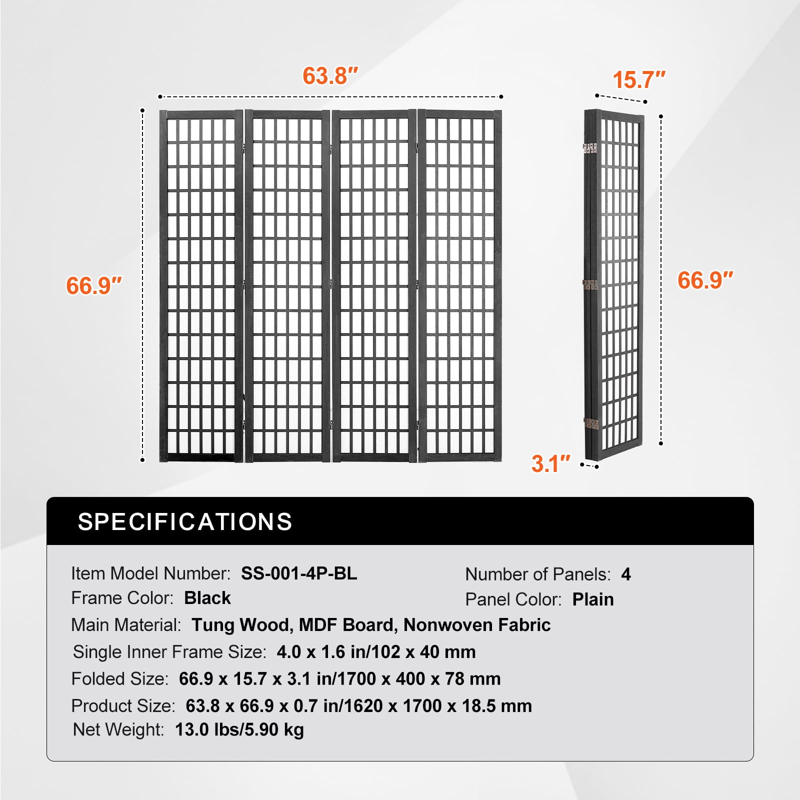KFFKFF Partition Screen, Quadruple Panel Oriental Room Separator, Indoor Foldable Wooden Privacy Barrier, Portable Decorative Dividers, Ideal for Home Office, Dining Area, and Sleeping Quarters