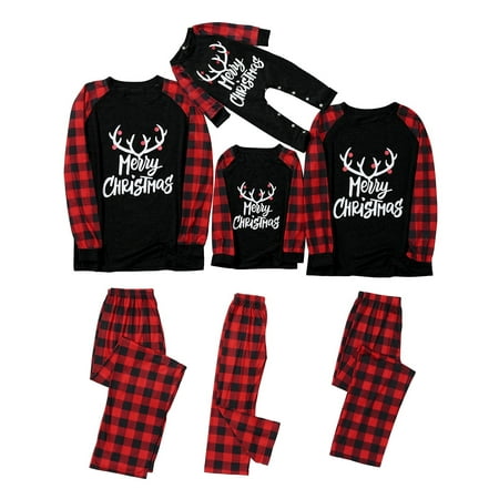 

Matching Family Pajamas Sets Christmas PJ s with Letter and Plaid Printed Long Sleeve Tee and Bottom Loungewear