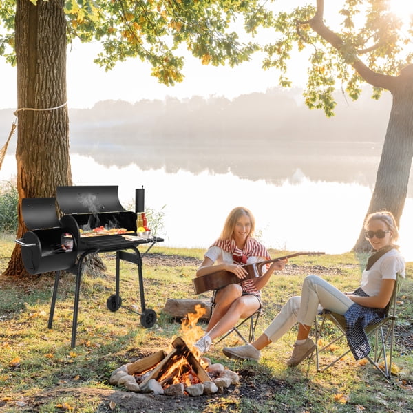 Charcoal Grill & Offset Smoker Combo - 43.7" Heavy-Duty All-Metal with Side Table, Wheels & Thermometer - Backyard, Patio BBQ Smoker