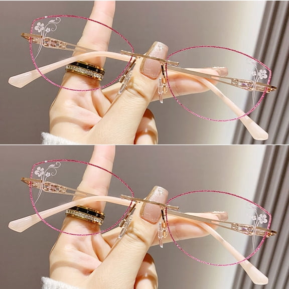 2 Pairs of Women Rimless Anti-blue Light Reading Glasses 1.00, Ladies Ultralight Purple Bling Glitter Cat Eye Readers 1.00 Strength