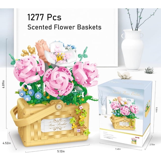 Ramo de flores para adultos, miniladrillos de rosas, cesta de ramos de flores, bloques de construcción de bonsáis, colección botánica decorativa para el hogar para adolescentes y n Regalo de navidad