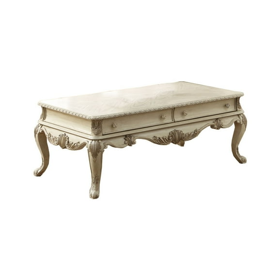 Benzara Vintage Style Wooden Coffee Table with Cabriole Legs and Two Broad Drawers, White