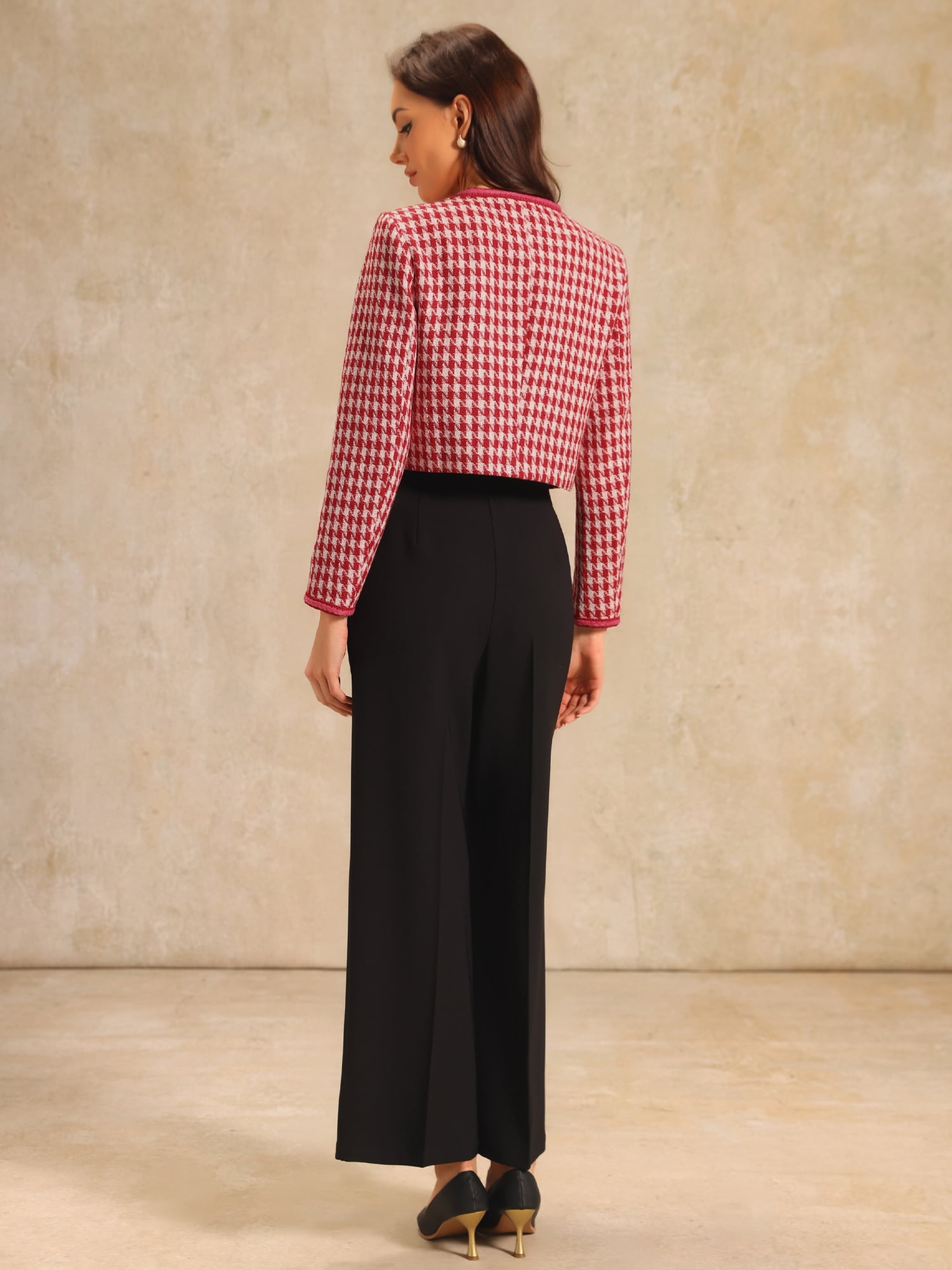 DARING DIVA Women's Houndstooth Collarless Plaid Cropped Tweed Jacket L Deep Red