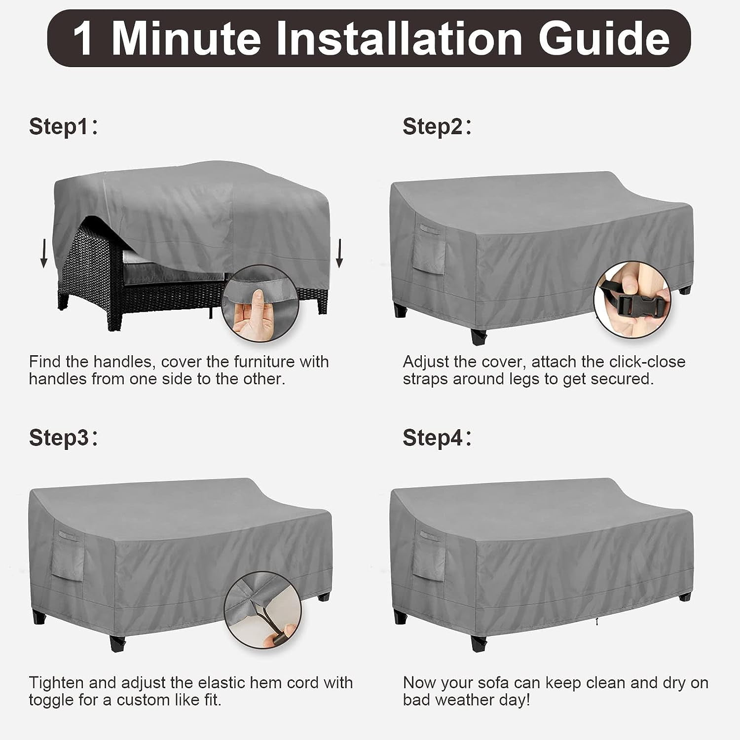 Outdoor Couch Cover Waterproof Patio Sofa Furniture Covers, 2-Seater Outdoor Loveseat Cover with Air Vent and Handles, 60W x 35D x 35H Inches, Black