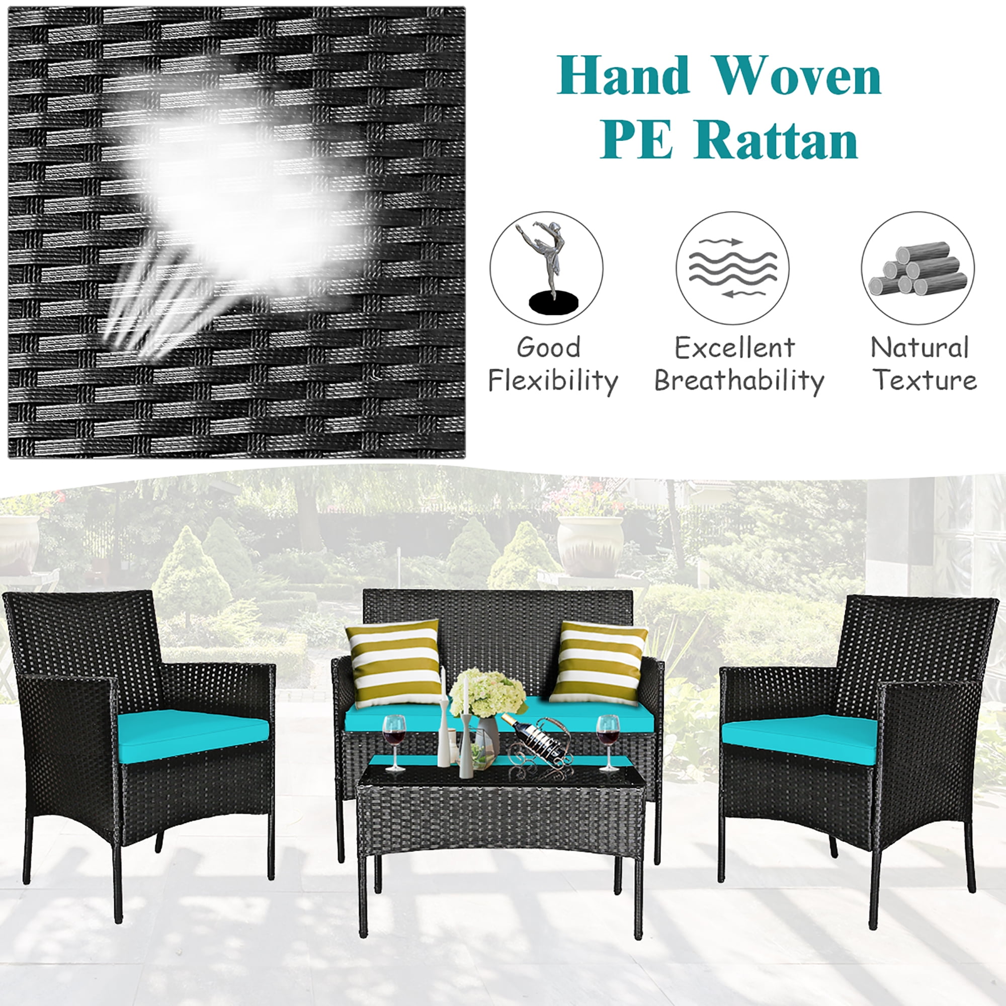 Costway 4PCS Patio Rattan Furniture Set Cushioned Sofa Coffee Table Backyard Turquoise