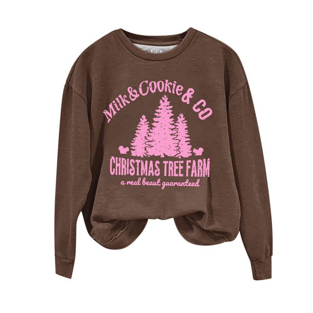 Staron Chandail de Noël pour Femme Blouse Décontractée Drôle Arbre de Noël Ferme Graphique Chandail à Enfiler Hauts de Noël Col Rond Chandails Manches Longues Chandail Mode Cadeaux pour Femmes à Moins de 25