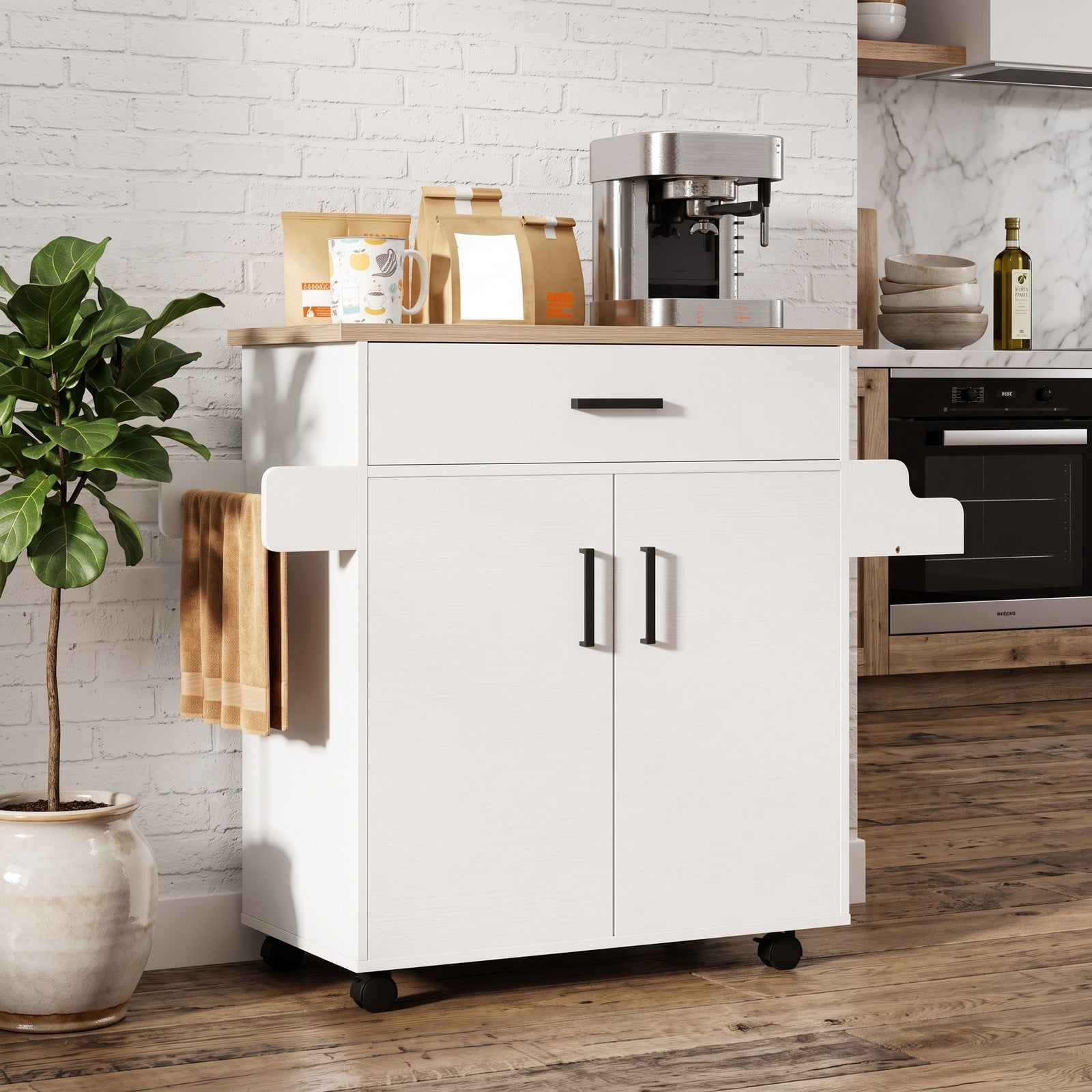 Furnibear Rolling Kitchen Island Cart with Storage Drawer, 2-Tier Cabinet, Spice Rack and Towel Bar, Portable Utility Cart on Locking Wheels for Kitchen Dining, White
