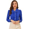 thumbnail image 1 of Camisa casual de contraste con cuello Peter Pan para mujer, blusa de trabajo con mangas abullonadas Azul real S, 1 of 6