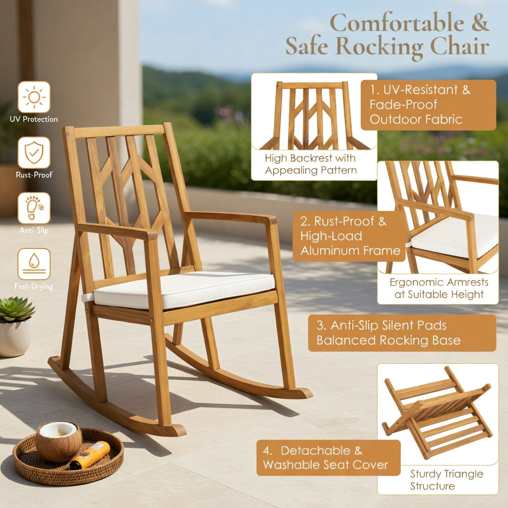 Hommoo Acacia Wood Patio Rocking Chair Sofa with Removable Cushion, Natural Wood Frame, Outdoor Garden & Deck Seating for Backyard, Poolside, Porch, White