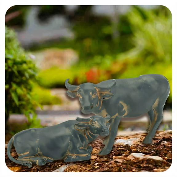 ICERUN 2Pcs Garden Statues,Resin Water Buffalo Sculpture Garden Decorations,Natural Rich Colors Outdoor Statues,Style1