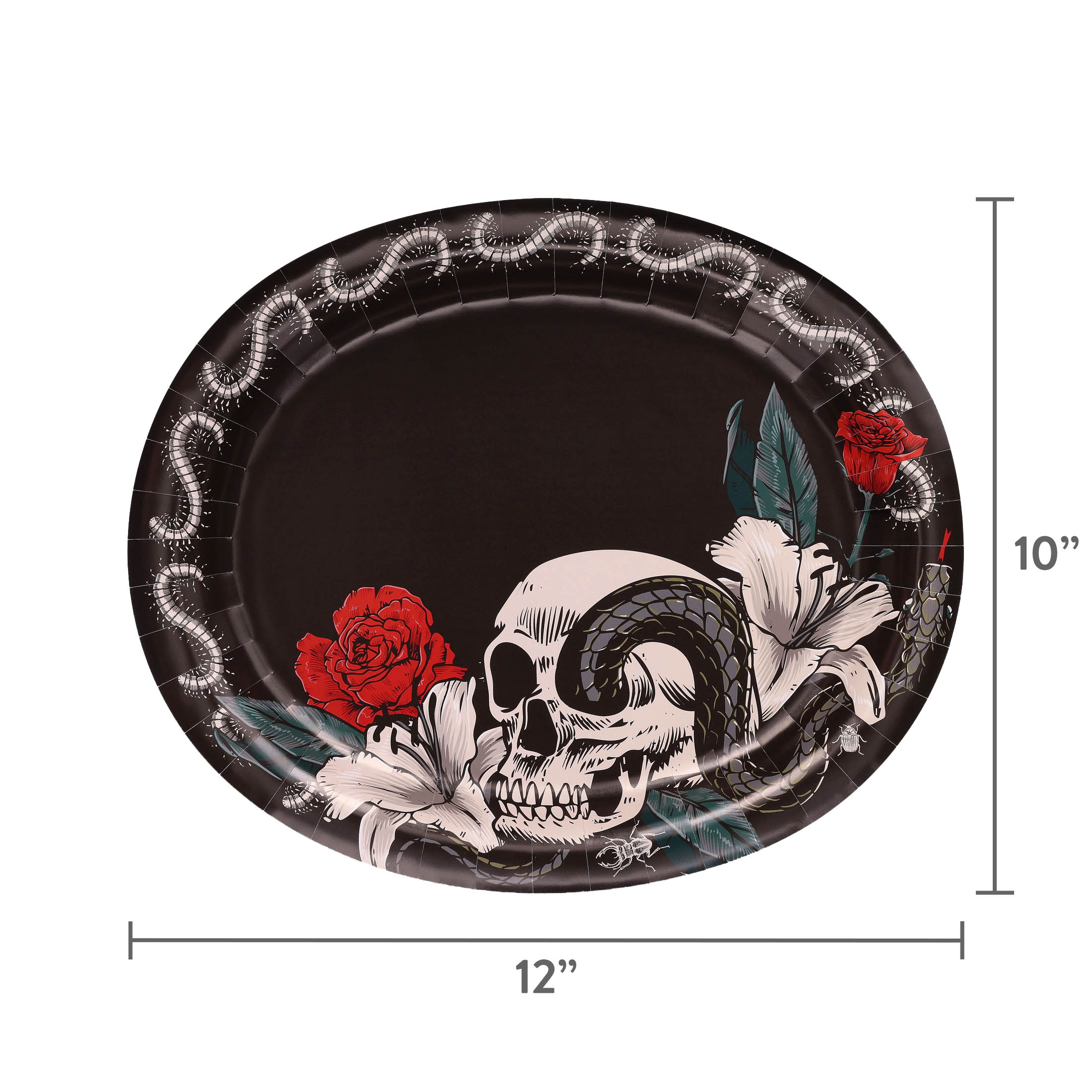Skull and Roses Oval Disposable Paper Plates, Multicolor, 12" x 10", 8 Count, Halloween by Way To Celebrate
