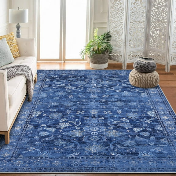 COZONY Vintage 9x12 Area Rug, Non-Slip Low Pile Machine Washable Rug, Soft Large Carpet for Living Room, Bedroom, Dining Room, Office, Blue