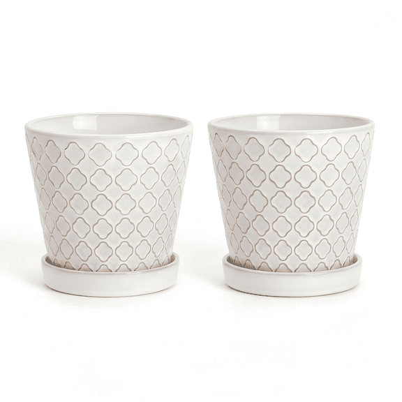 BUYMAX 6 inch Ceramic Planters with Saucers, White Flower Pots for Indoor Plants, Set of 2