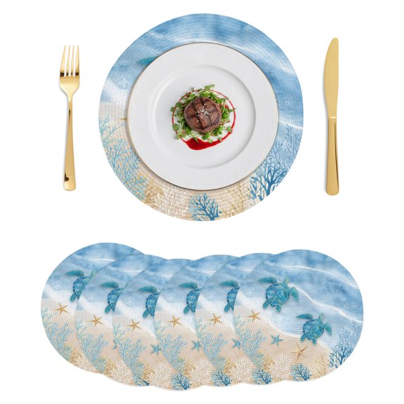 Round Placemats Blue Turtle Coastal 15 inch Set of 6 Table Mats for Dining Table Ocean Beach Waves Corals Starfish Heat Resistant Non-Slip Kitchen & Home Decorative Place Mat Set