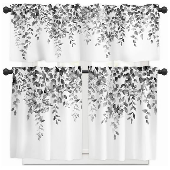 Alishomtll Kitchen Curtains and Valances Sets Grey Floral Print Kitchen Curtains 3 Piece Set 36 Inches Long,Rod Pocket
